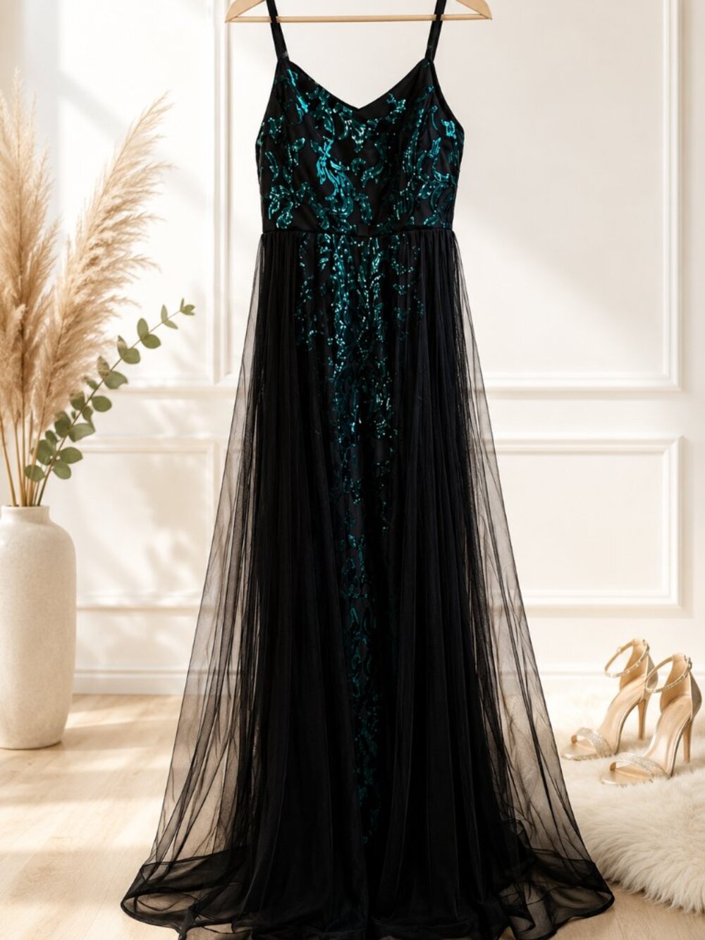 Blashe Emerald Green Sequin Tulle Maxi Formal Dress Women’s Small